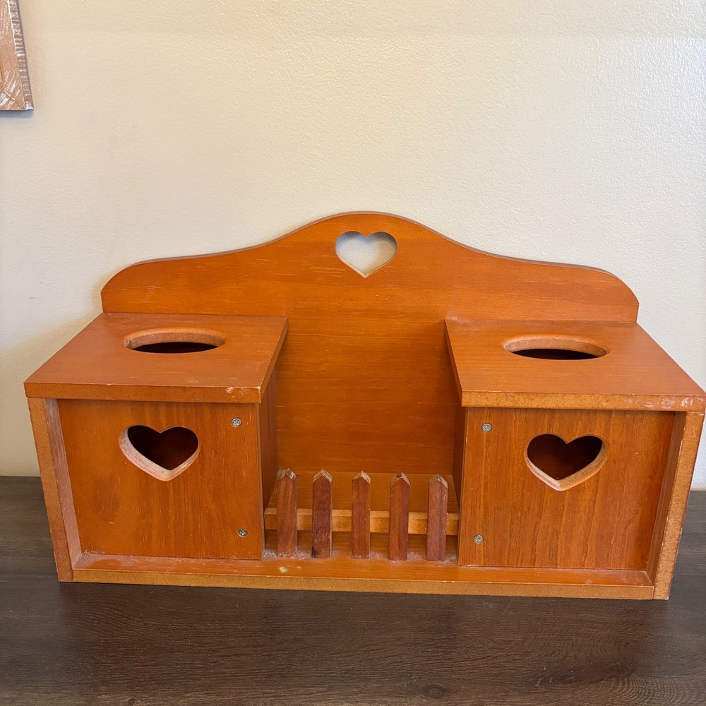 Vintage Wooden Heart Cutout Wall Shelf Country Picket Fence Organizer Brown